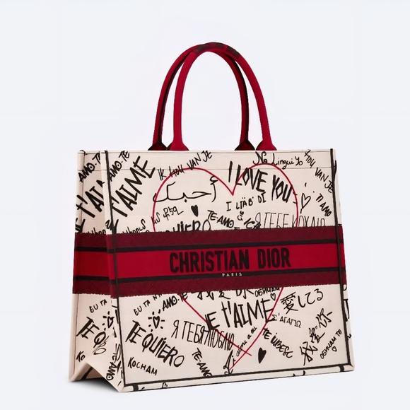 Christian Dior Dioramour Graffiti Cream & Red Medium Book Tote - Picture 1 of 15